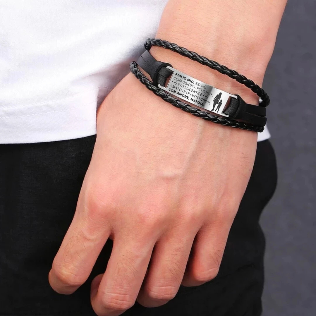 Bracciale in acciaio e pelle "Madre e Figlio"