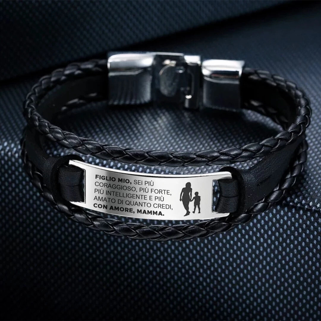 Bracciale in acciaio e pelle "Madre e Figlio"